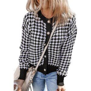 Women’s Plaid Knit Cardigan – V-Neck Button Down Long Sleeve Sweater
